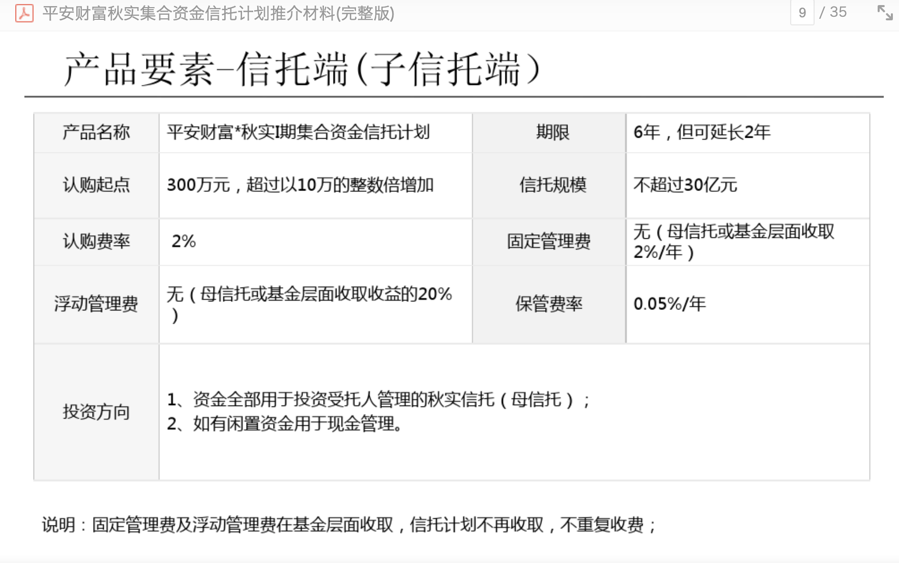 2011年，平安财富·秋实信托计划的路演材料