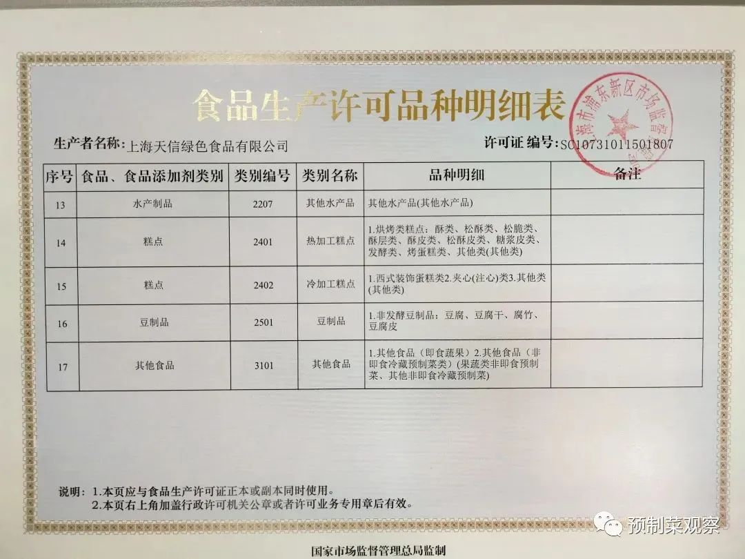 公司颁发了《审查方案》实施后全市首张包含"预制菜"的食品生产许可