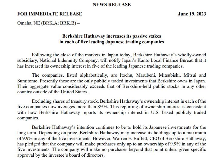 伯克希尔宣布增持日本五大商社（来源：公司官网）