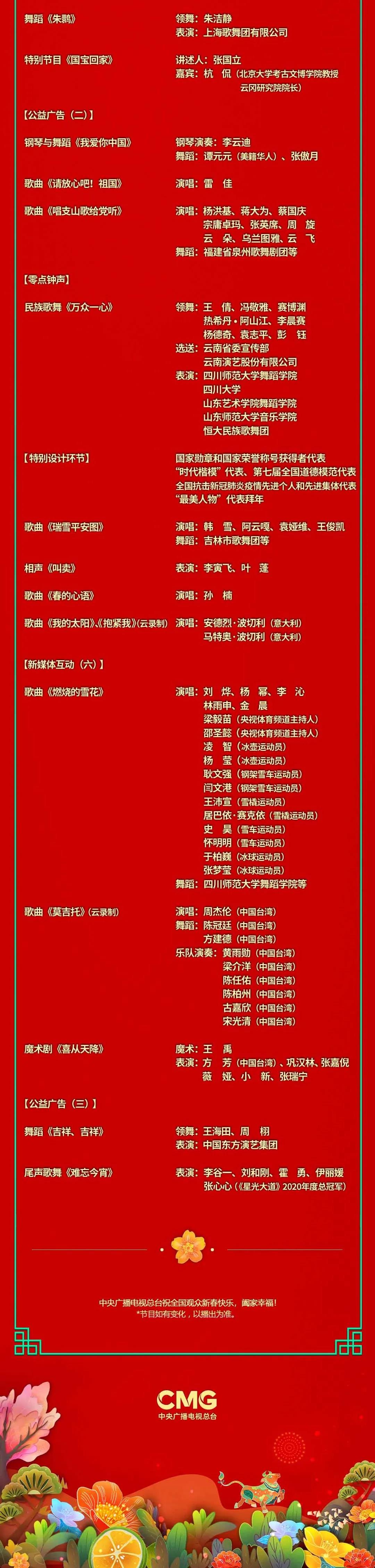 《2021年春节联欢晚会》节目单正式出炉